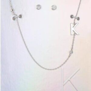 Unwritten Silver Plated Letter Initial Necklace with Cubic Zirconia Stud Earring
